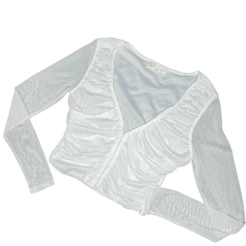 American Threads Ruched Mesh Hook & Eye Top Medium White Long Sleeve Crop